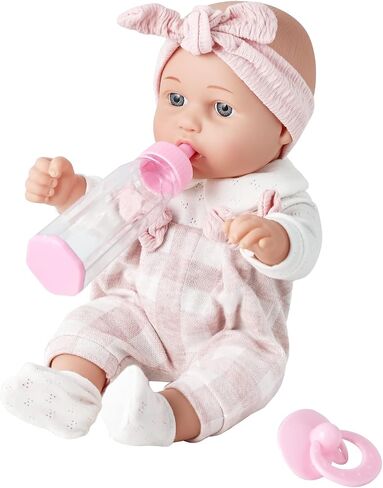 Enjoyin 12'' Baby Doll in Gift Box with Pink Cloths, Pacifier, 13''x13'' Microfabric Blanket, and Feeding Bottle. Gift Idea for Kids in Kuwait