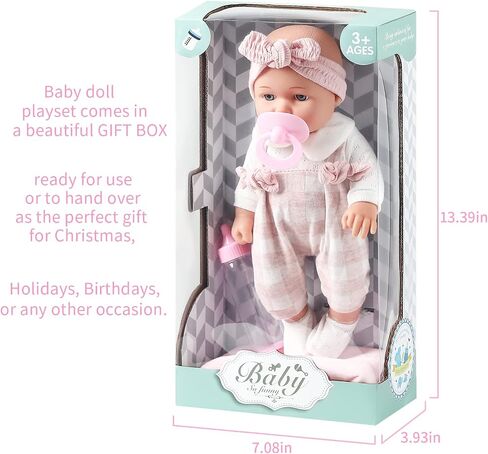 Enjoyin 12'' Baby Doll in Gift Box with Pink Cloths, Pacifier, 13''x13'' Microfabric Blanket, and Feeding Bottle. Gift Idea for Kids in Kuwait