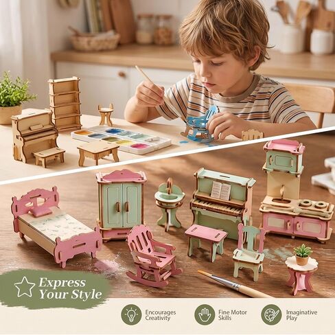 LOVEINUSA 34PCS Wooden Dollhouse Furniture Set, 1:20 Scale in Saudi Arabia