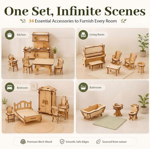 LOVEINUSA 34PCS Wooden Dollhouse Furniture Set, 1:20 Scale in Saudi Arabia