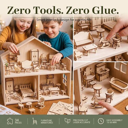LOVEINUSA 34PCS Wooden Dollhouse Furniture Set, 1:20 Scale in Saudi Arabia