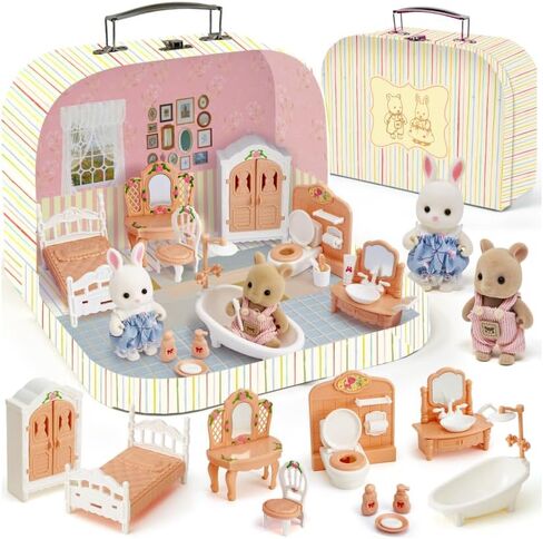 TUZT Suitcase Dollhouse Furniture Set for Kids, Mini Dollhouse Box with 2 Flexible Dolls and Bedroom&Bathroom Furnitures, Pretend Play Accessories Christmas Birthday Gift for Toddlers Ages 3+ in Kuwait
