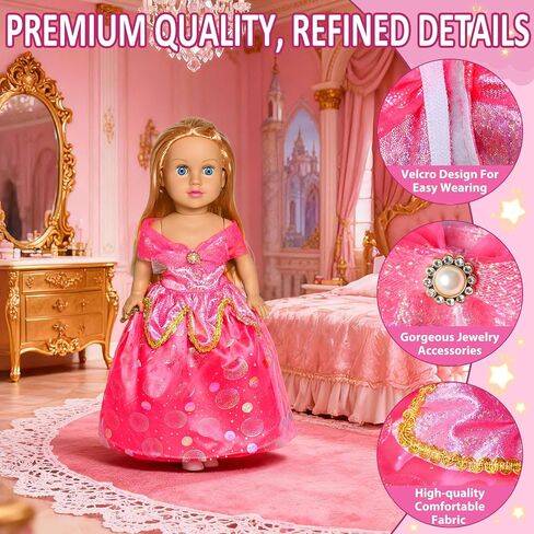9 pcs American Doll Clothes Set for 18 inch Dolls, Doll Clothing Outfits Include 7 Different Princess Dresses, Crown, Hair Bow, Christmas Birthday Gift for Girls in Kuwait