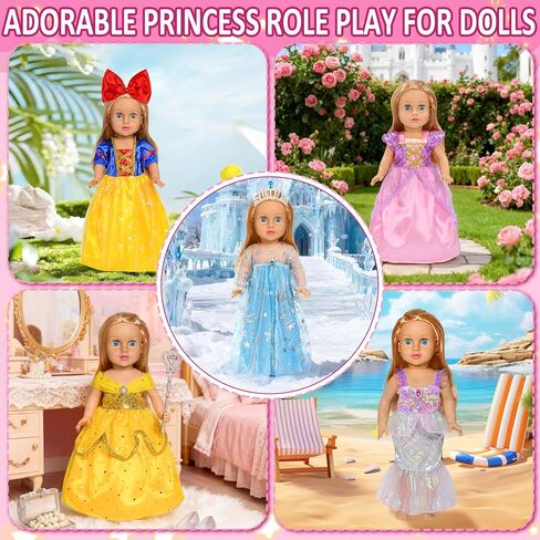 9 pcs American Doll Clothes Set for 18 inch Dolls, Doll Clothing Outfits Include 7 Different Princess Dresses, Crown, Hair Bow, Christmas Birthday Gift for Girls in Kuwait