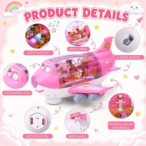 TOMMYHOME Rotatable Airplane Toy for Toddlers, LED Flashing Lights & Melodies, Safe Sensory Baby Plane, Educational Gift for Kids Ages 3-8, Perfect Birthday Present in Saudi Arabia