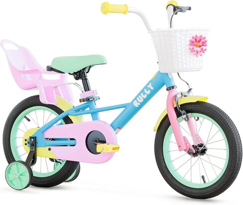 RULLY 12 14 16 Inch Kids Bike for 2-7 Years Girls, Toddler Bicycle with Training Wheels & Coaster Brake, Rainbow Bike, Macarons in Kuwait