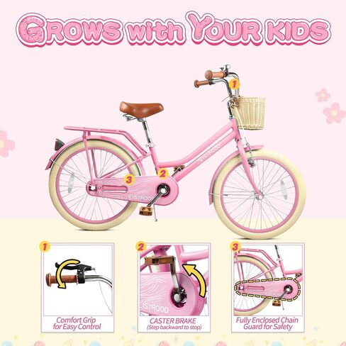 20 Inch Girls Bike, Single Speed Kids' Bicycles with Basket and Kickstand, Kids Beach Cruiser Bike for Girls, Adjustable Seat, Multiple Colors (Pink) in Saudi Arabia
