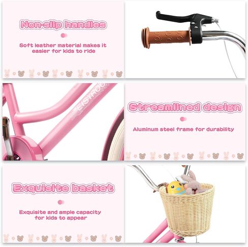 20 Inch Girls Bike, Single Speed Kids' Bicycles with Basket and Kickstand, Kids Beach Cruiser Bike for Girls, Adjustable Seat, Multiple Colors (Pink) in Saudi Arabia