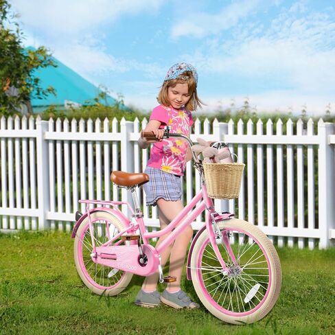 20 Inch Girls Bike, Single Speed Kids' Bicycles with Basket and Kickstand, Kids Beach Cruiser Bike for Girls, Adjustable Seat, Multiple Colors (Pink) in Saudi Arabia