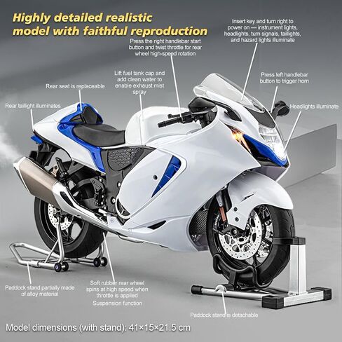 1/6 Scale Alloy RC Motorcycle Model with Ignition Function, Dynamic Spray Exhaust, Engine Sound LED Lights, RC Motorcycle Display Model Collectible Desk Decor (White) in Kuwait