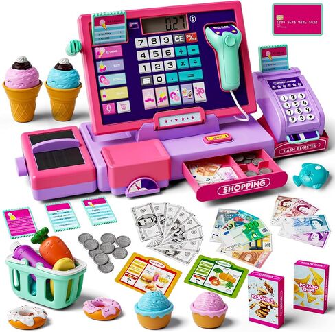 Upgraded Kids Cash Register Toy for Boys Girls, Pretend Play Gift | Pretend Play Cashier Register with Shop Accessories, Calculator Cash Register with Scanner/Credit Card (Purple) in Kuwait
