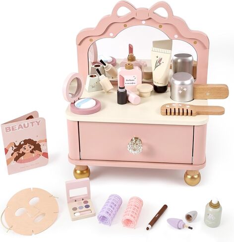 Pithfor Wooden Vanity Playset, Play Makeup Kit for Toddlers Kids Girls Pink in Saudi Arabia