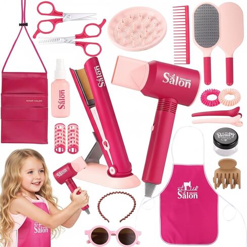 GAGAKU Pretend Hair Salon Toys for Girls,Pretend Makeup for Toddlers Dress Up Beauty Salon Set Stylist Kit with Hair Dryer Apron Curling Flat Scissors Accessories Girl Gifts in Saudi Arabia