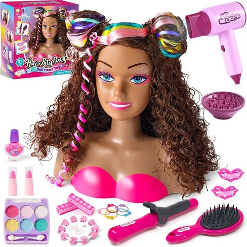Doll Head for Hair Styling Kids, 9" Black Styling Head Doll with Curly Hair, Washable Makeup Kit, Hairdryer, Nail Polish, Beauty Hair Salon Pretend Play Toys, Birthday Gifts for Girls Age 3 4 5 6 7 8 in Saudi Arabia