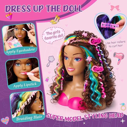 Doll Head for Hair Styling Kids, 9" Black Styling Head Doll with Curly Hair, Washable Makeup Kit, Hairdryer, Nail Polish, Beauty Hair Salon Pretend Play Toys, Birthday Gifts for Girls Age 3 4 5 6 7 8 in Saudi Arabia