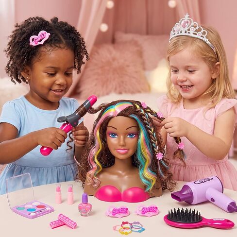 Doll Head for Hair Styling Kids, 9" Black Styling Head Doll with Curly Hair, Washable Makeup Kit, Hairdryer, Nail Polish, Beauty Hair Salon Pretend Play Toys, Birthday Gifts for Girls Age 3 4 5 6 7 8 in Saudi Arabia