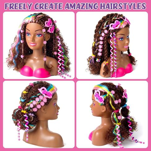 Doll Head for Hair Styling Kids, 9" Black Styling Head Doll with Curly Hair, Washable Makeup Kit, Hairdryer, Nail Polish, Beauty Hair Salon Pretend Play Toys, Birthday Gifts for Girls Age 3 4 5 6 7 8 in Saudi Arabia