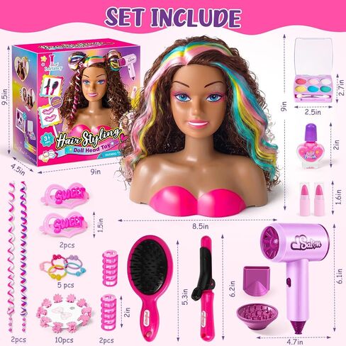 Doll Head for Hair Styling Kids, 9" Black Styling Head Doll with Curly Hair, Washable Makeup Kit, Hairdryer, Nail Polish, Beauty Hair Salon Pretend Play Toys, Birthday Gifts for Girls Age 3 4 5 6 7 8 in Saudi Arabia