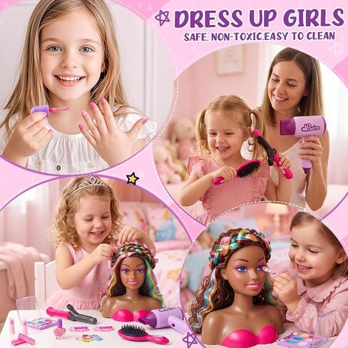 Doll Head for Hair Styling Kids, 9" Black Styling Head Doll with Curly Hair, Washable Makeup Kit, Hairdryer, Nail Polish, Beauty Hair Salon Pretend Play Toys, Birthday Gifts for Girls Age 3 4 5 6 7 8 in Saudi Arabia