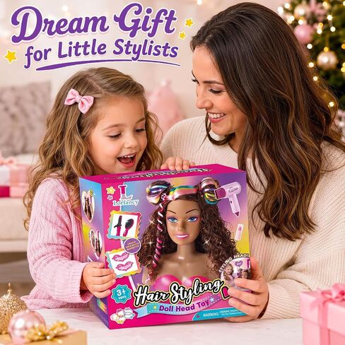 Doll Head for Hair Styling Kids, 9" Black Styling Head Doll with Curly Hair, Washable Makeup Kit, Hairdryer, Nail Polish, Beauty Hair Salon Pretend Play Toys, Birthday Gifts for Girls Age 3 4 5 6 7 8 in Saudi Arabia