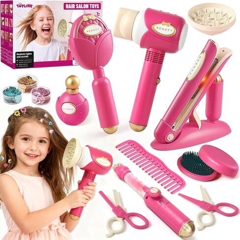 Toylink Hair Salon Toys for Girls, 21 Pcs Pretend Play Toys Hair Styling Set with Sound and Light Blow Dryer & Hair Gem Accessories, Beauty Kids Salon Playset Birthday Gifts for Toddlers 3 4 5 6 7 8+ in Saudi Arabia