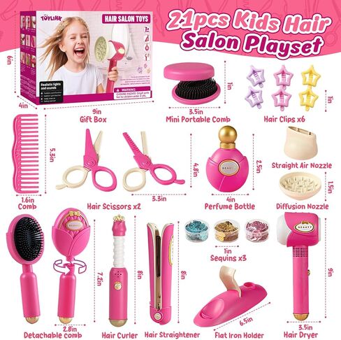 Toylink Hair Salon Toys for Girls, 21 Pcs Pretend Play Toys Hair Styling Set with Sound and Light Blow Dryer & Hair Gem Accessories, Beauty Kids Salon Playset Birthday Gifts for Toddlers 3 4 5 6 7 8+ in Saudi Arabia