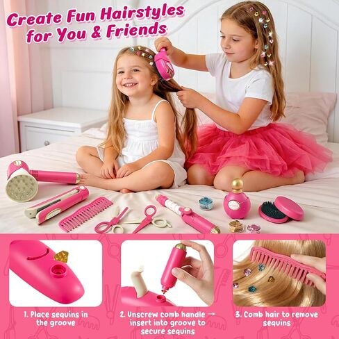 Toylink Hair Salon Toys for Girls, 21 Pcs Pretend Play Toys Hair Styling Set with Sound and Light Blow Dryer & Hair Gem Accessories, Beauty Kids Salon Playset Birthday Gifts for Toddlers 3 4 5 6 7 8+ in Saudi Arabia