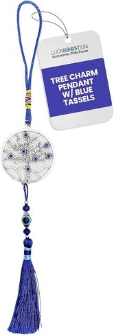 LUCKBOOSTIUM Lucky Evil Eye Tree Charm Pendant with Matching Blue Tassels - Sign for Good Luck and Protection - Evil Eye Car Hanging Ornament - Home, Bags & Rear View Mirror Hanging Accessories in Kuwait