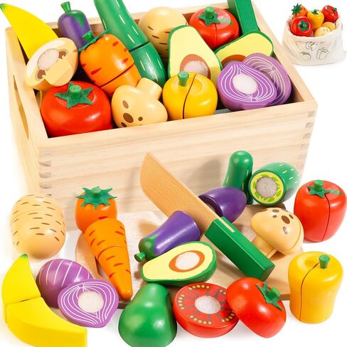 Wooden Play Food for Toddlers, Fruit & Veggies Cutting Set for Play Kitchen in Saudi Arabia