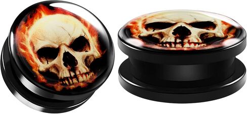 Pair of Black Acrylic Screw-fit Flesh External Tunnels Piercing Jewelry Stretcher Ear Ring Skull logo Earring Lobe Plugs in Saudi Arabia