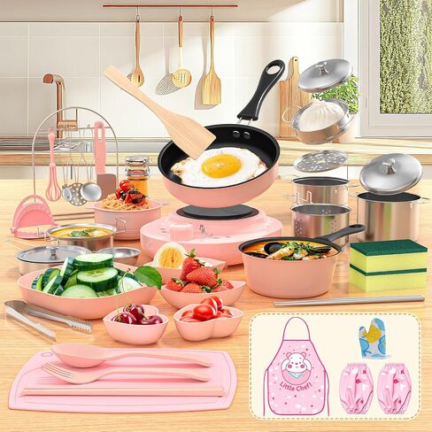 Gotoofun Kid Cooking Sets Real Mini Kitchen, Food Making for Beginner Children 8 9 10 11 12 Boys Girls Cooking Educational Toys, Junior Easy Safe Montessori Tools Dishes Knife Set-Pink in Kuwait