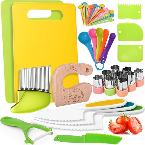 Reaeon 5 Pcs Kids Cooking Sets Real, Montessori Kitchen Tools, Kids Knife Set for Real Cooking, 4 Pcs Children's Safety Cooking Knives, 1 Pc Cutting Board, Serrated Edges Toddler Girl Boy in Saudi Arabia