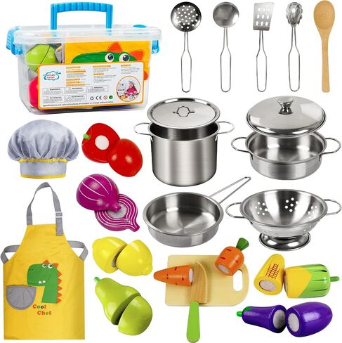 Sundaymot Play Kitchen Accessories, Wooden Play Food, Cooking Set with Stainless Steel Cookware Pots and Pans Utensils, Apron, Chef Hat, ​Cutting Food Kitchen Playset for Girls and Boys in Kuwait