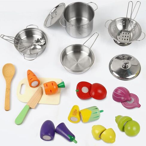 Sundaymot Play Kitchen Accessories, Wooden Play Food, Cooking Set with Stainless Steel Cookware Pots and Pans Utensils, Apron, Chef Hat, ​Cutting Food Kitchen Playset for Girls and Boys in Kuwait
