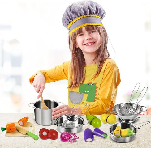 Sundaymot Play Kitchen Accessories, Wooden Play Food, Cooking Set with Stainless Steel Cookware Pots and Pans Utensils, Apron, Chef Hat, ​Cutting Food Kitchen Playset for Girls and Boys in Kuwait