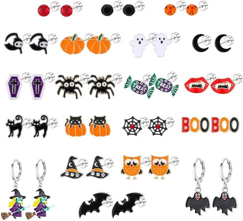 20 Pairs Hypoallergenic Halloween Flat Back Earrings for Women Girls kids Stainless Steel Earrings for Sensitive Ears Cute Screw Back Stud Earrings and Dangle Hoop Earrings Set Halloween Jewelry in Saudi Arabia