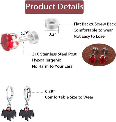 20 Pairs Hypoallergenic Halloween Flat Back Earrings for Women Girls kids Stainless Steel Earrings for Sensitive Ears Cute Screw Back Stud Earrings and Dangle Hoop Earrings Set Halloween Jewelry in Saudi Arabia