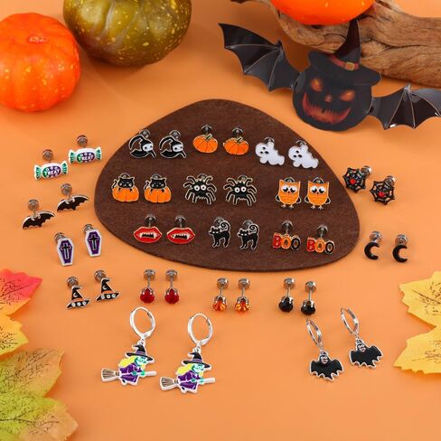 20 Pairs Hypoallergenic Halloween Flat Back Earrings for Women Girls kids Stainless Steel Earrings for Sensitive Ears Cute Screw Back Stud Earrings and Dangle Hoop Earrings Set Halloween Jewelry in Saudi Arabia