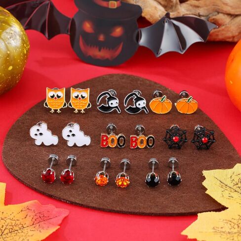 20 Pairs Hypoallergenic Halloween Flat Back Earrings for Women Girls kids Stainless Steel Earrings for Sensitive Ears Cute Screw Back Stud Earrings and Dangle Hoop Earrings Set Halloween Jewelry in Saudi Arabia