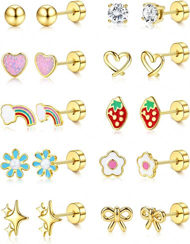 FIBO STEEL 10 Pairs Hypoallergenic Earrings for Girls Toddler Kids Jewelry in Kuwait