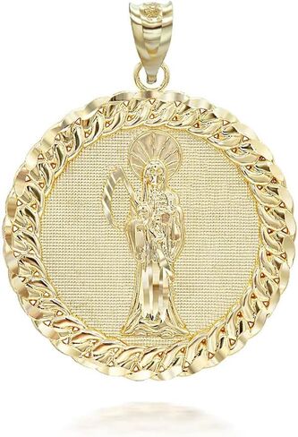 Solid 14k Yellow Gold Santa Muerte (Grim Reaper) Cuban Link Round Frame Pendant Necklace and Pendant Only in Kuwait