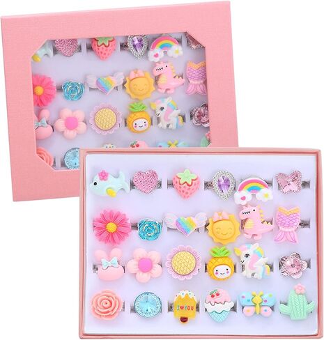 PASEMM 24pcs Little Girl Jewel Rings, Adjustable, No Duplication Kids Play Ring in Box,Pretend Play and Dress Up Rings for 4-12 Year Old Girl Birthday Christmas Gifts,3 4 5 6 7 8 9 10 11 12 Year Old in Kuwait