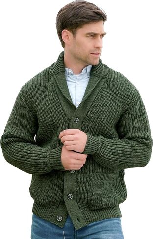 Aran Crafts Men's Irish Cable Knitted Ribbed Shawl Cardigan (100% Merino Wool) in Kuwait