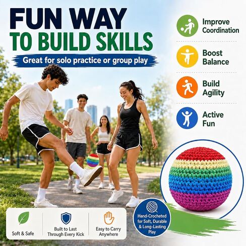 1 Piece Rainbow Footbag, Hand-Knitted Crochet Kick Sack and Juggling Ball for Adults, Soft Beads Filled Classic Kick Ball for Skill Training in Saudi Arabia