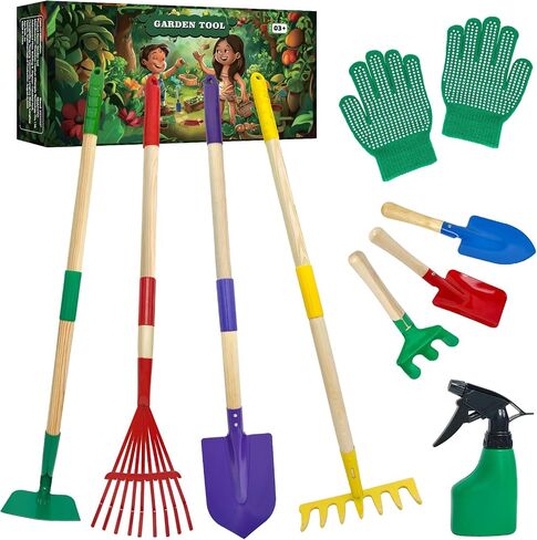 VICHTOP 10Pcs Kids Gardening Tools Set - Wheelbarrow Toys with Shovel, Rake, Hoe and Leaf Rake for Outdoor Backyard Play, STEM Educational Toys, for Toddler Boys & Girls Ages 3 4 5 in Kuwait