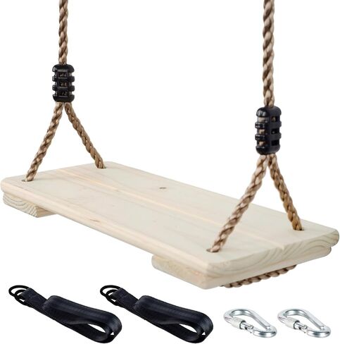 Wooden Swing Seat, Nostalgic Outdoor Wood Swing for Kids , Tree Straps Set Accessories for Backyard Patio Garden Playground, Height Adjustable (Raw wood) in Kuwait