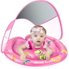 Baby Pool Float with Canopy UPF50+, 120°Adjustable Sun Protection and Anti-Tip Safety Seat, Inflatable Toddler Floaties Infant Pool Float with Animal Pool Toys, Baby Beach Essentials for 6-36M in Kuwait