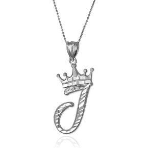 Sterling Silver Letter 'J' Initial Cursive Crown DC Pendant Necklace in Kuwait