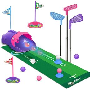 TERRAMUS Upgraded Kids Toy Golf Set with Dinosaur Automatic Golf Returner, Led Light Up Night Golf Balls, 3 Clubs, Putting Mat, 3-8 Toddler Mini Golf Games, Indoor Outdoor Sports Toys for Boys Girls in Saudi Arabia
