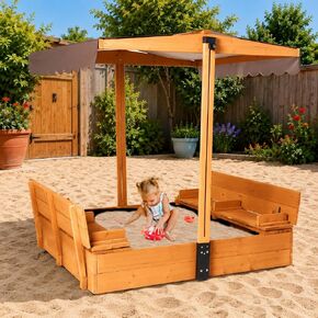 Sandbox with Lid and Cover, Outdoor Sand Box for Kids with 360° Adjustable Canopy, 2 Foldable Bench Seats & Sand Leak-Proof Liner in Kuwait